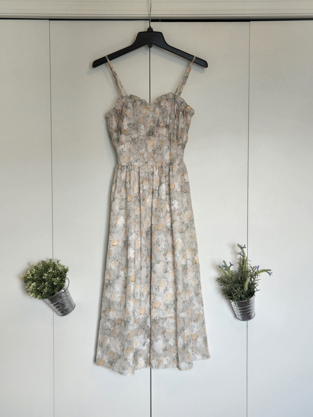 Floral Spaghetti-Strap Midi Dress in Soft Pastel